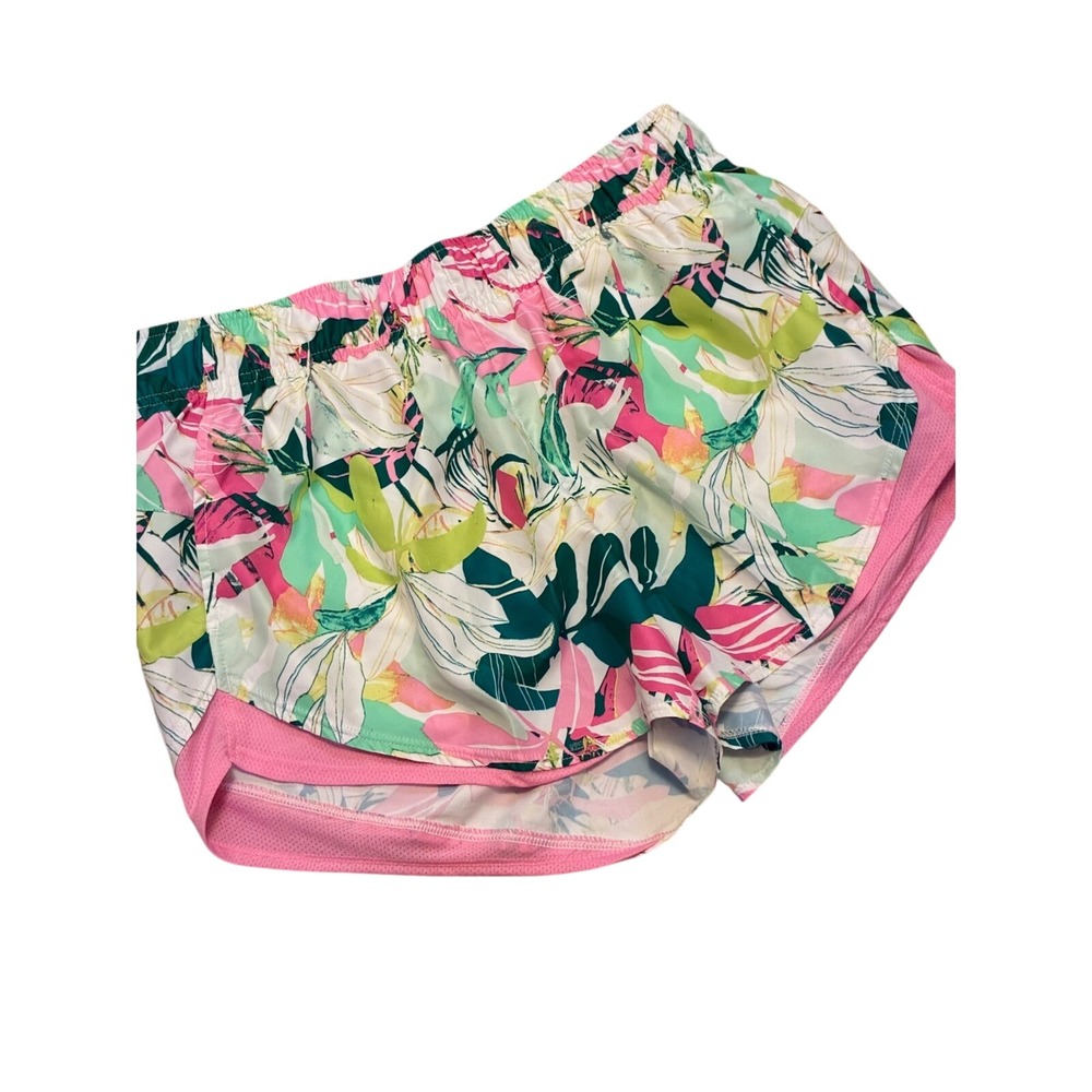 Avia Lined Tropical Floral Running Shorts Pink Green Mesh Trim Size M 8-10